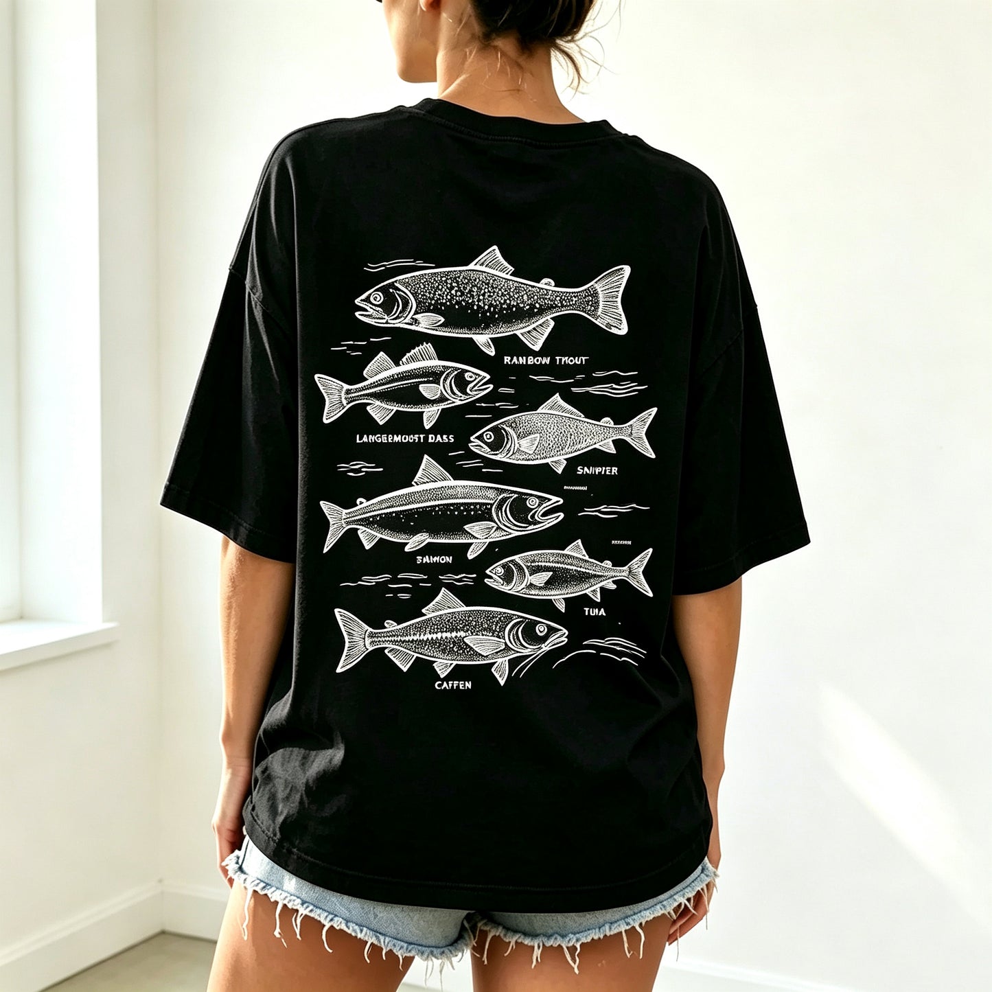 Retro Line Art Fish Identification Chart Oversized Back Print Fisherman Tee