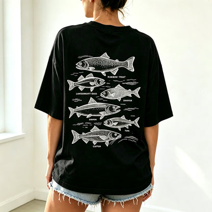Retro Line Art Fish Identification Chart Oversized Back Print Fisherman Tee