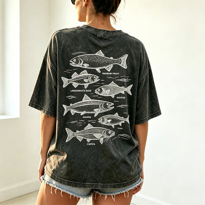 Retro Line Art Fish Identification Chart Oversized Back Print Fisherman Tee